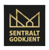 Sentralt godkjent – redigert a black square with gold text